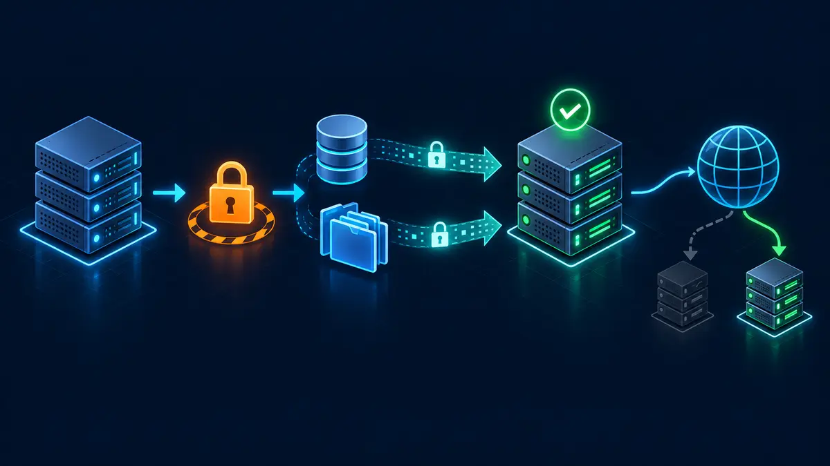 Étapes d'une migration Nextcloud avec gel de l'ancien serveur, transfert de la base et des fichiers, validation puis bascule DNS