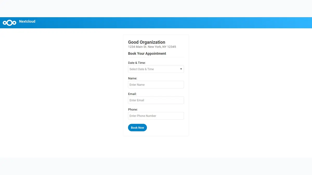 Interface publique de Nextcloud Appointments avec calendrier et créneaux disponibles