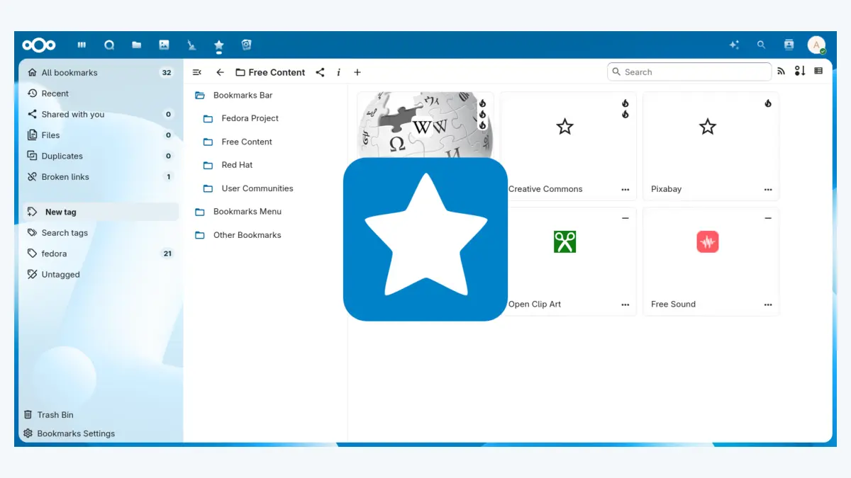Interface officielle de Nextcloud Bookmarks avec dossiers, étiquettes et liste de favoris