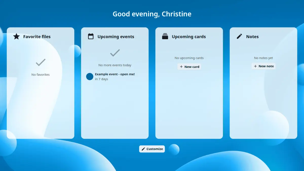 Dashboard Nextcloud avec plusieurs widgets personnalisables