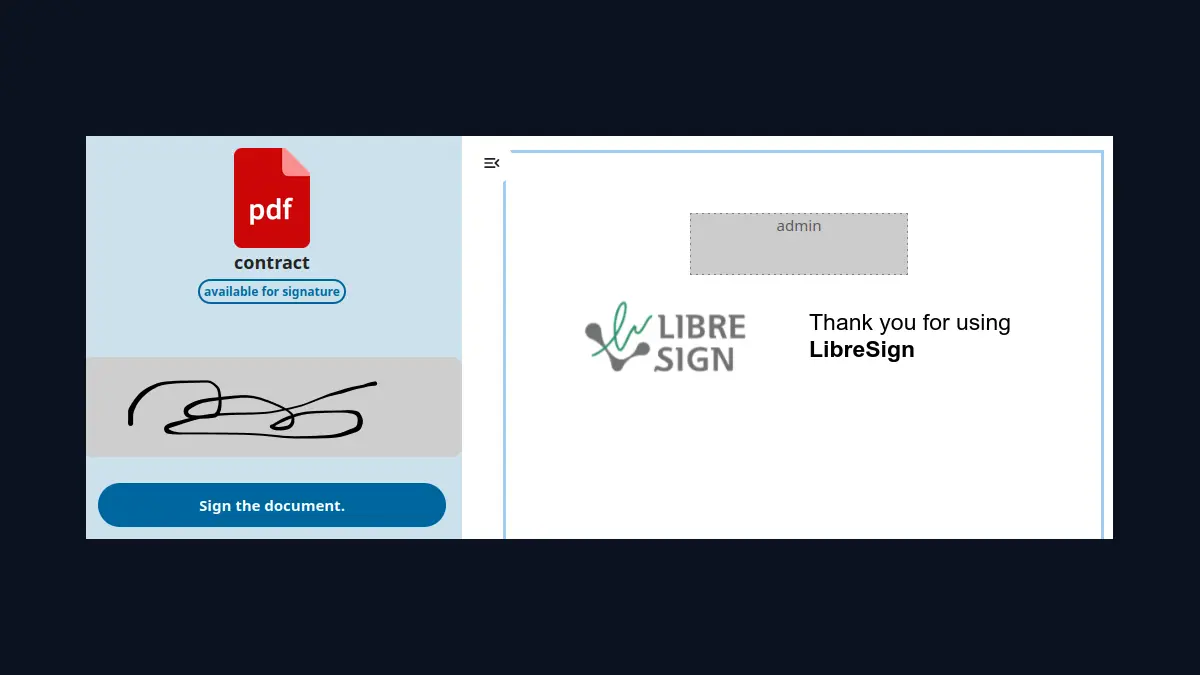Interface officielle de Nextcloud LibreSign pour préparer et suivre une signature électronique