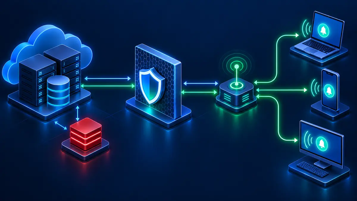 Architecture de Nextcloud Notify Push avec Redis, proxy inverse, démon et clients