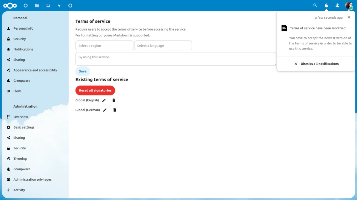Interface officielle de l’application Nextcloud Terms of Service avec réglages des comptes, des partages publics et notification de réacceptation