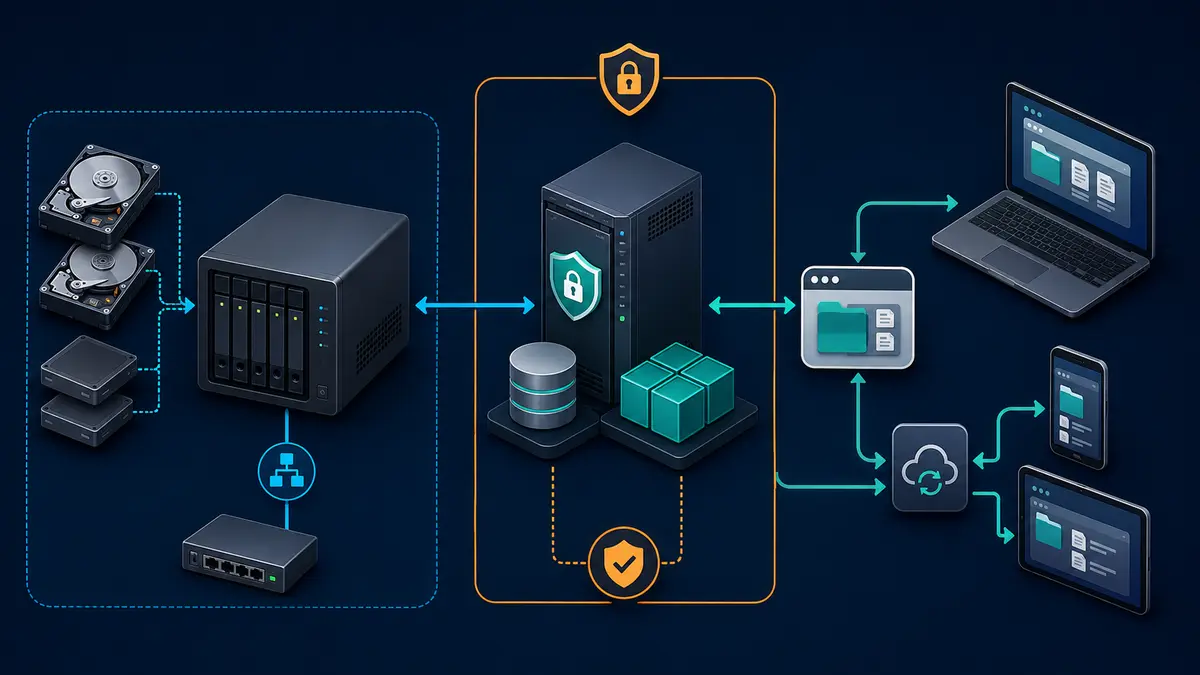 Architecture d'un NAS OpenMediaVault relié à une plateforme Nextcloud et à ses utilisateurs
